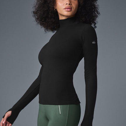 alo Women's Wellness Rib Mock Neck Long Sleeve - Black