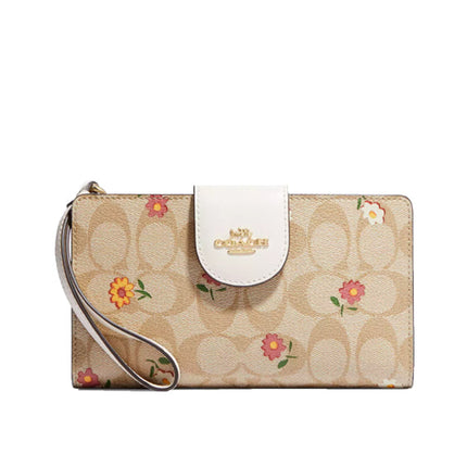 Coach Women's Phone Wallet In Signature Canvas With Nostalgic Ditsy Print Gold/Light Khaki Multi