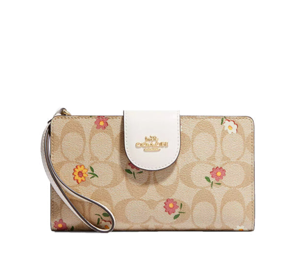 Coach Women's Phone Wallet In Signature Canvas With Nostalgic Ditsy Print Gold/Light Khaki Multi