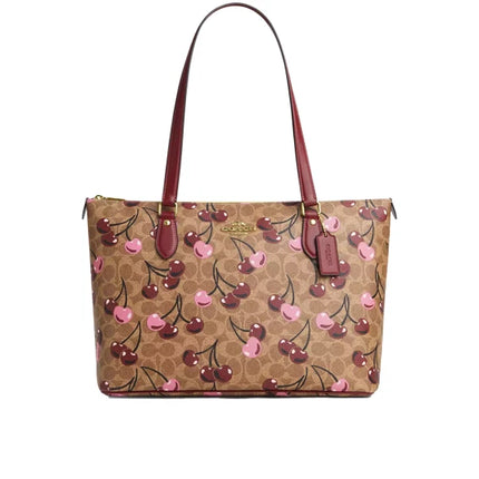 Coach Women's Gallery Tote Bag In Signature Canvas With Cherry Print Gold/Tan Multi