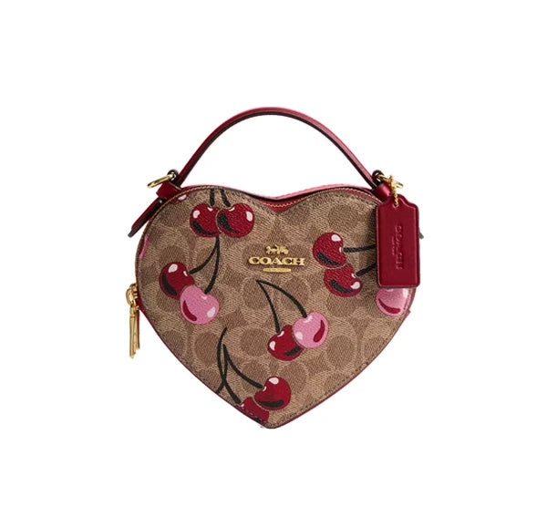 Coach Women's Heart Crossbody Bag In Signature Canvas With Cherry Print Gold/Tan Multi - Hemen Kargoda