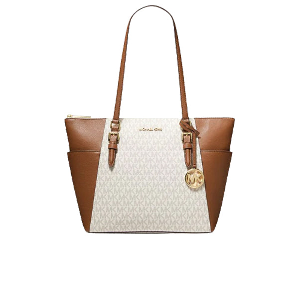 Michael Kors Women's Charlotte Large Logo and Leather Top Zip Tote Bag Vanilla