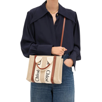 Chloé Women's Small Woody Tote Bag in Linen White/Brown