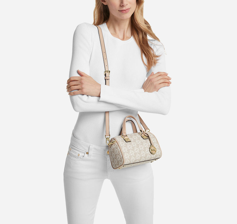 Michael Kors Women's Grayson Small Empire Signature Logo Duffel Crossbody Bag Vanilla