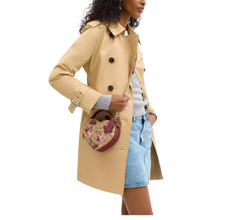 Coach Women's Heart Crossbody Bag In Signature Canvas With Cherry Print Gold/Tan Multi - Hemen Kargoda