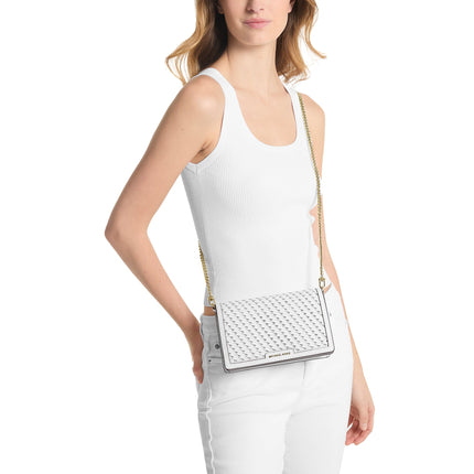 Michael Kors Women's Jet Set Medium Hand-Woven Leather Crossbody Bag Optic White