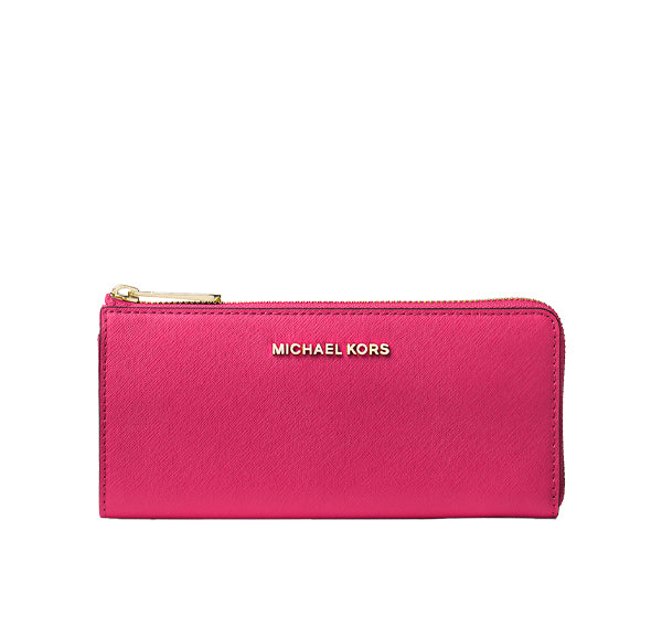 Michael Kors Women's Jet Set Travel Large Saffiano Leather Quarter Zip Wallet Electric Pink