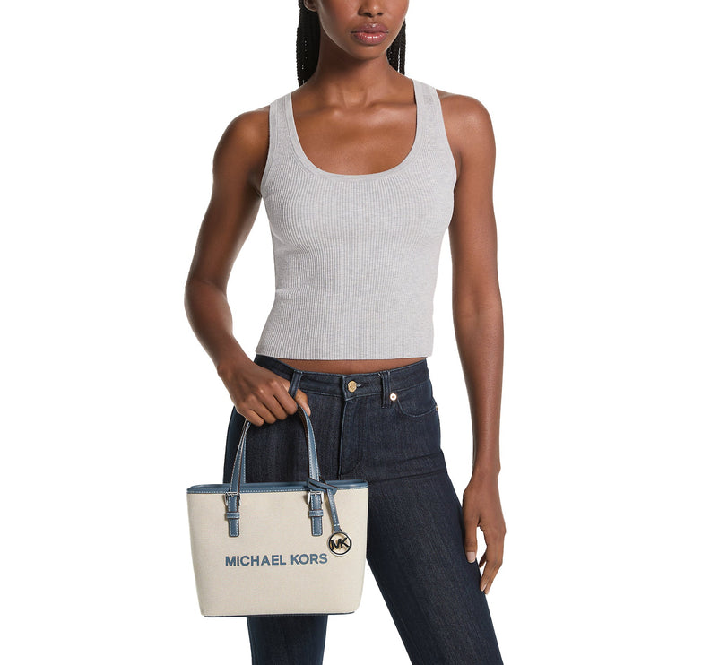 Michael Kors Women's Jet Set Travel Extra-Small Canvas Top-Zip Tote Bag Denim