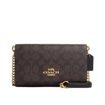 Coach Women's Flap Clutch Crossbody In Signature Canvas Gold/Brown Black