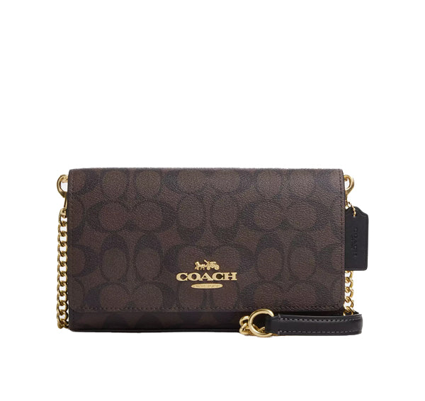 Coach Women's Flap Clutch Crossbody In Signature Canvas Gold/Brown Black