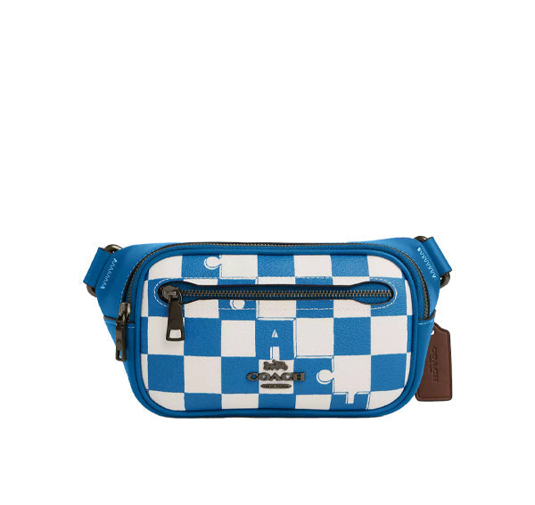 Coach Women's Elias Mini Belt Bag With Checkerboard Print Black Antique Nickel/Blue Jay/Chalk