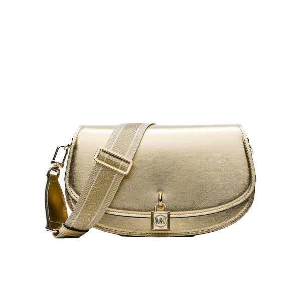 Michael Kors Women's Mila Medium Metallic Leather Messenger Bag Pale Gold