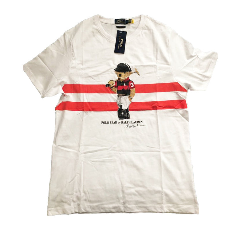 Polo Ralph Lauren Men's Polo Bear Red Striped Tee White - Hemen Kargoda