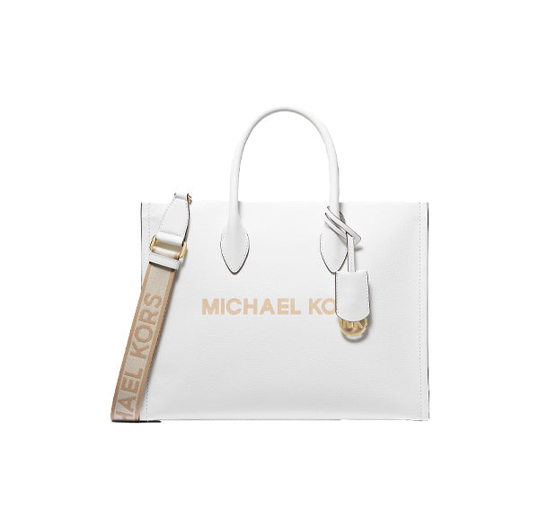 Michael Kors Women's Mirella Medium Pebbled Leather Tote Bag Optic White