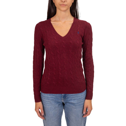 Polo Ralph Lauren Women's V Neck Cable Knit Jumper Garnet Red Melange