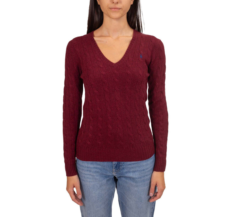 Polo Ralph Lauren Women's V Neck Cable Knit Jumper Garnet Red Melange