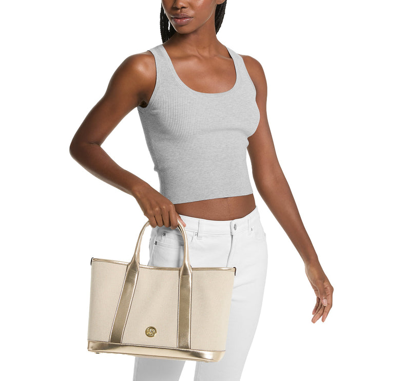 Michael Kors Women's Luisa Medium Cotton Canvas and Metallic Satchel Pale Gold Natural