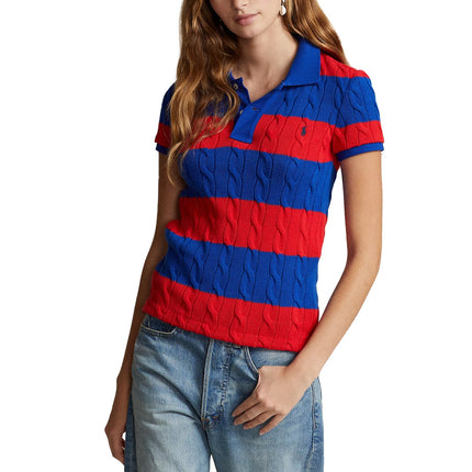 Polo Ralph Lauren Women's Slim Fit Cable Knit Polo Shirt  Petal Red/Sapphire Star