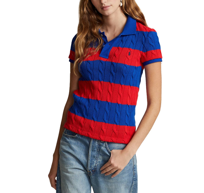 Polo Ralph Lauren Women's Slim Fit Cable Knit Polo Shirt  Petal Red/Sapphire Star