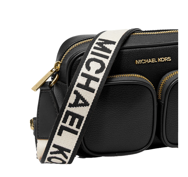 Michael Kors Women's Jet Set Medium Leather Crossbody Bag with Case for Apple Airpods Pro Black/Gold - Special Price