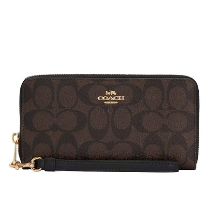 Coach Women's Long Zip Around Wallet In Signature Canvas Gold/Brown Black