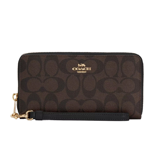 Coach Women's Long Zip Around Wallet In Signature Canvas Gold/Brown Black