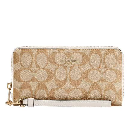 Coach Women's Long Zip Around Wallet In Signature Canvas Gold/Light Khaki Chalk