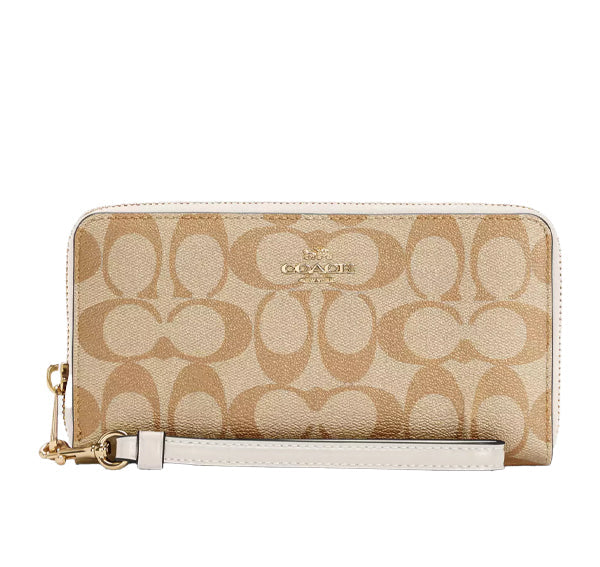 Coach Women's Long Zip Around Wallet In Signature Canvas Gold/Light Khaki Chalk