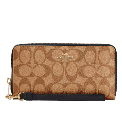 Coach Women's Long Zip Around Wallet In Signature Canvas Gold/Khaki/Black