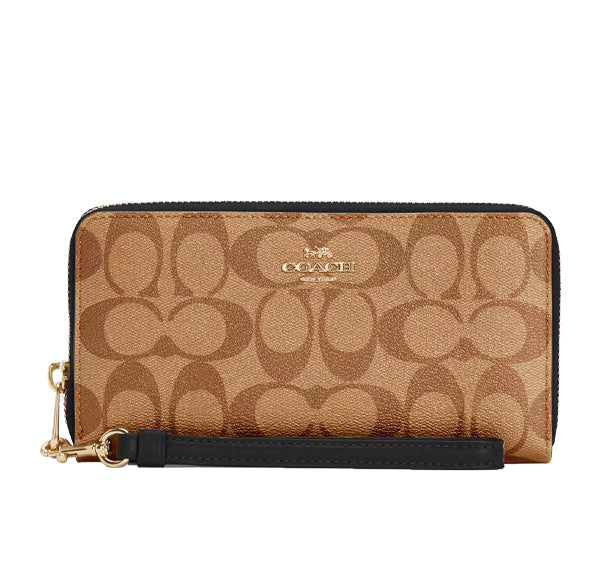 Coach Women's Long Zip Around Wallet In Signature Canvas Gold/Khaki/Black