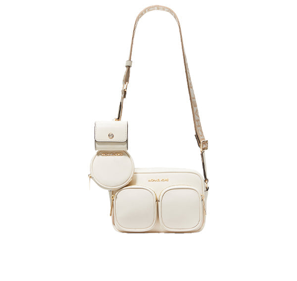 Michael Kors Women's Jet Set Medium Leather Crossbody Bag with Case for Apple Airpods Pro Cream/Gold