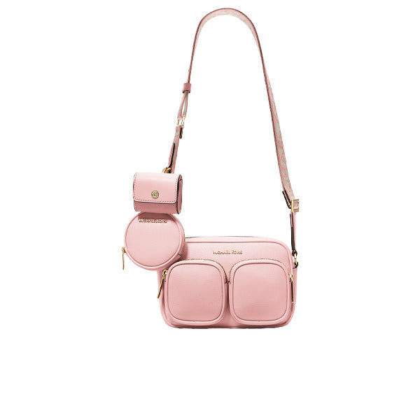 Michael Kors Women's Jet Set Medium Leather Crossbody Bag with Case for Apple Airpods Pro Powder Blush/Gold