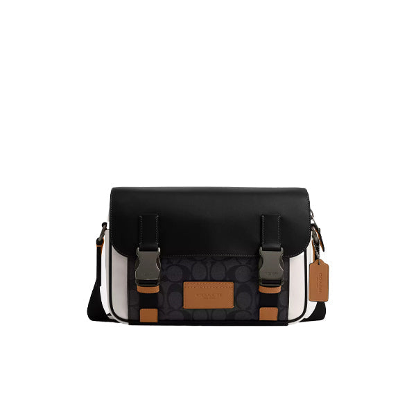 Coach Women's Track Crossbody In Colorblock Signature Canvas  Black Antique Nickel/Charcoal/Chalk/Light Saddle