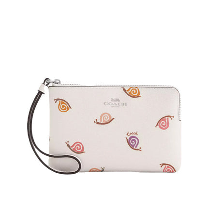 Coach Women's Corner Zip Wristlet With Snail Print Silver/Chalk Multi