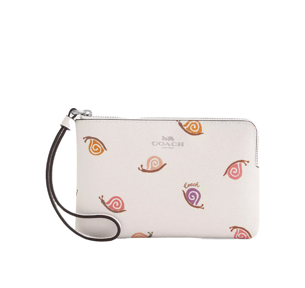 Coach Women's Corner Zip Wristlet With Snail Print Silver/Chalk Multi