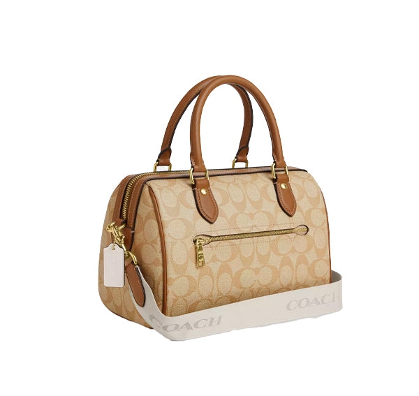 Coach Women's Rowan Satchel In Signature Canvas With Stripe Gold/Light Khaki/Chalk Lt Saddle