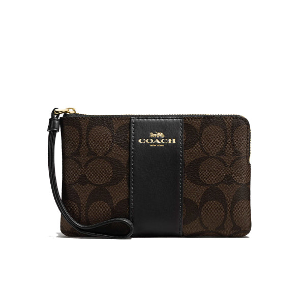 Coach Women's Corner Zip Wristlet In Signature Canvas Gold/Brown/Black