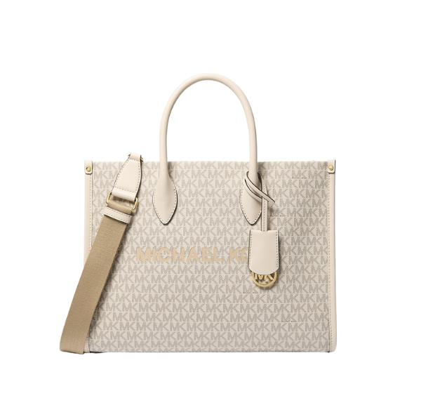 Michael Kors Women's Mirella Medium Signature Logo Tote Bag Light Cream Multi
