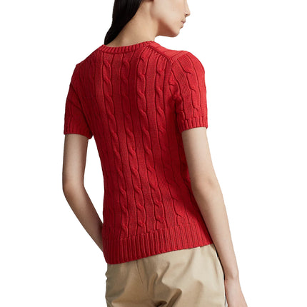 Polo Ralph Lauren Women's Cable Knit Cotton Short Sleeve Sweater Post Red