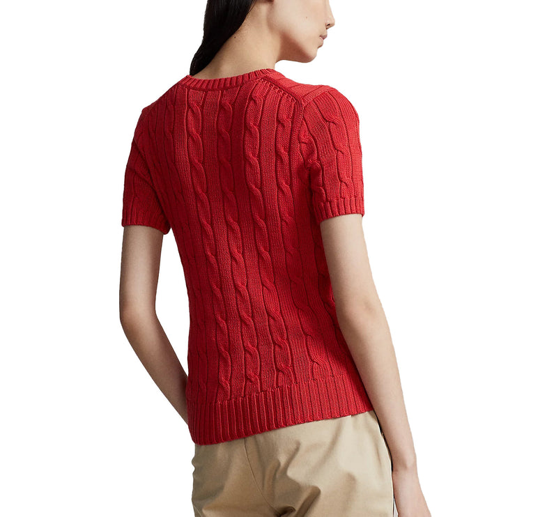 Polo Ralph Lauren Women's Cable Knit Cotton Short Sleeve Sweater Post Red