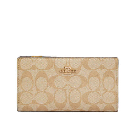 Coach Women's Slim Zip Wallet In Signature Canvas Gold/Light Khaki Chalk