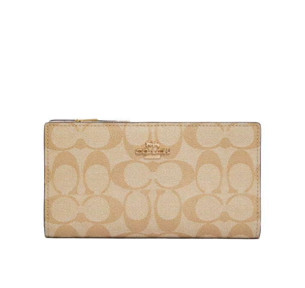 Coach Women's Slim Zip Wallet In Signature Canvas Gold/Light Khaki Chalk