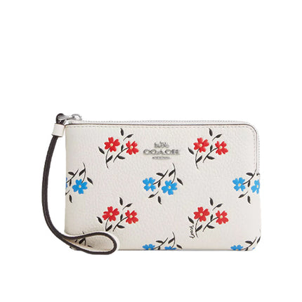 Coach Women's Corner Zip Wristlet With Floral Print Silver/Chalk Multi