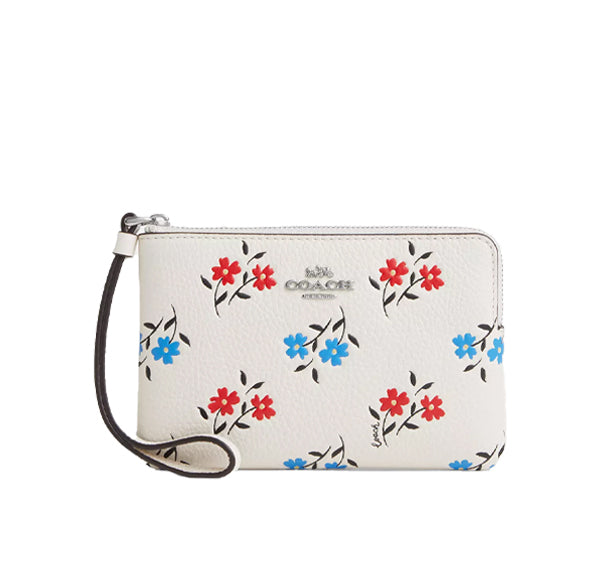 Coach Women's Corner Zip Wristlet With Floral Print Silver/Chalk Multi