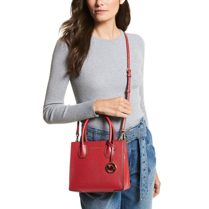 Michael Kors Women's Mercer Medium Pebbled Leather Crossbody Bag Bright Red - Ready to Ship