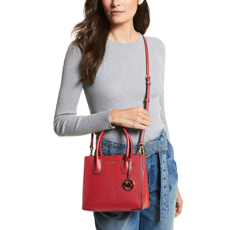 Michael Kors Women's Mercer Medium Pebbled Leather Crossbody Bag Bright Red - Ready to Ship