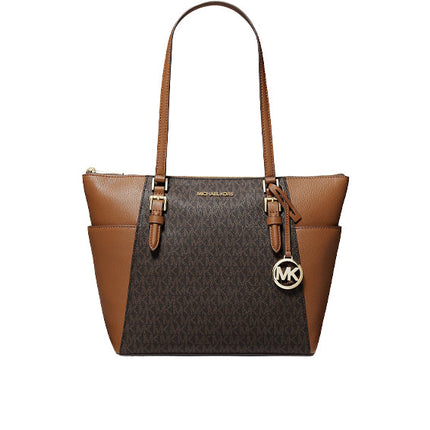 Michael Kors Women's Charlotte Large Logo and Leather Top Zip Tote Bag Brown