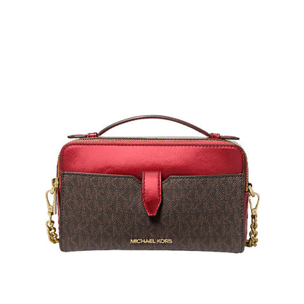 Michael Kors Women's Jet Set Medium Signature Logo and Patent Double-Zip Crossbody Bag Crimson