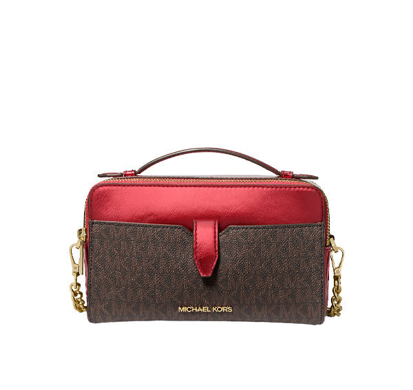 Michael Kors Women's Jet Set Medium Signature Logo and Patent Double-Zip Crossbody Bag Crimson