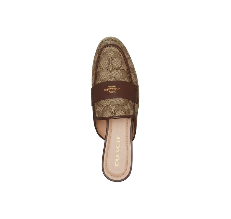 Coach Women's Samie Slide In Signature Jacquard Khaki/Dark Saddle